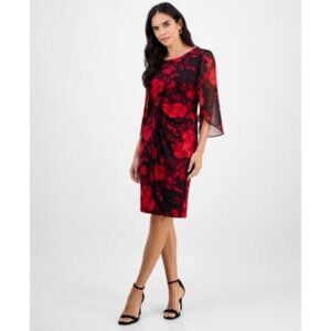 Connected Apparel Womens Red & Black Floral Dress 6P Sheer Sleeves Knee Length E